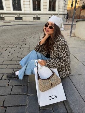 H&M Leopard Print Cropped Jacket Wool Blend Neutral Chic Coat Size S